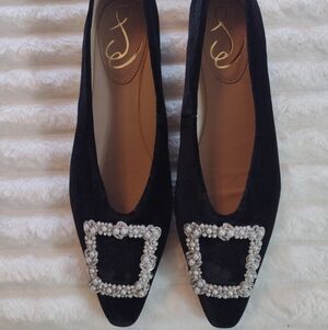 New Sam Edelman Janina Pointed Toe Flats Women 7 Black Velvet Embellished Pearls